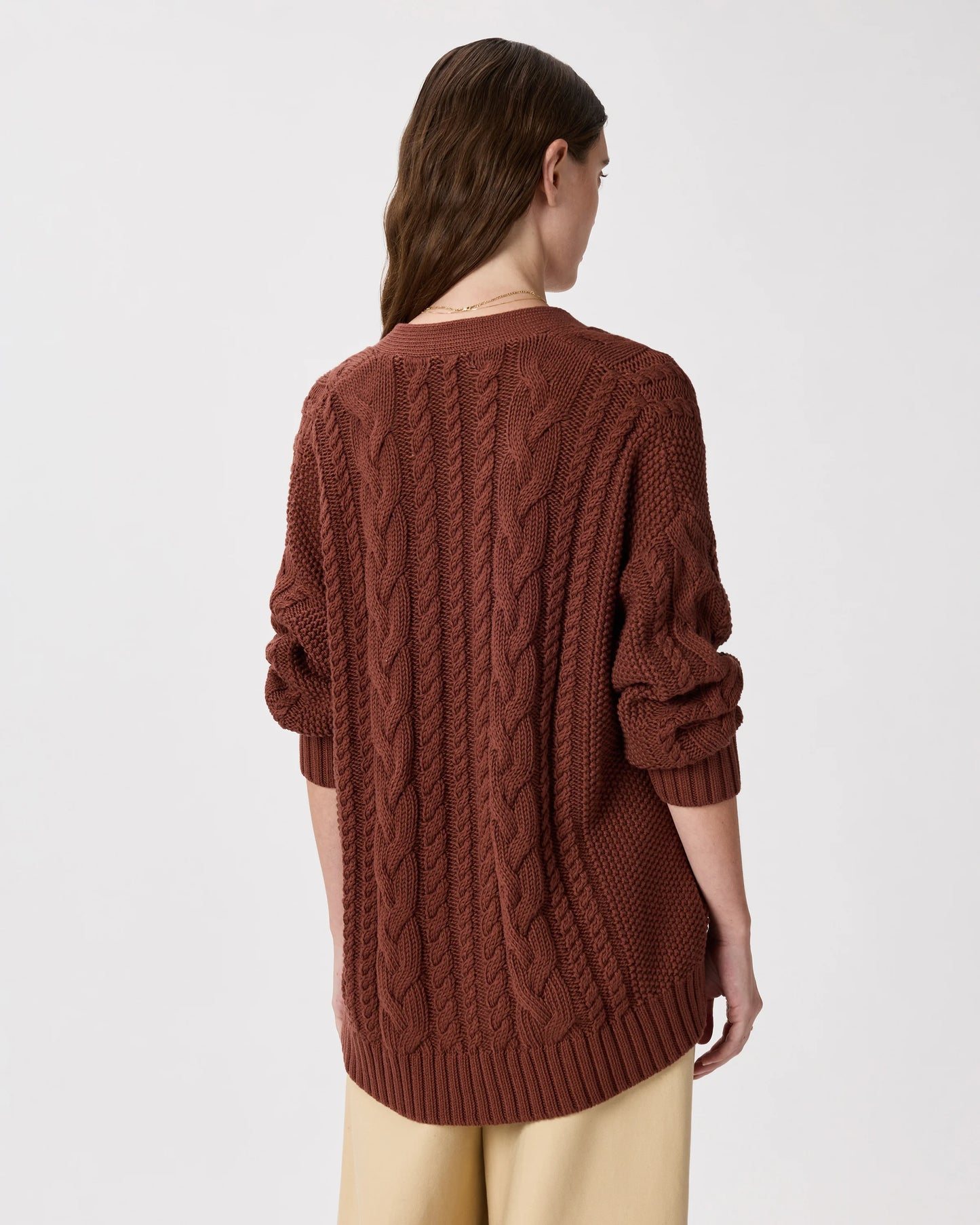 100% Organic Cotton Oversized Cable Cardigan - XS / Heather Brown