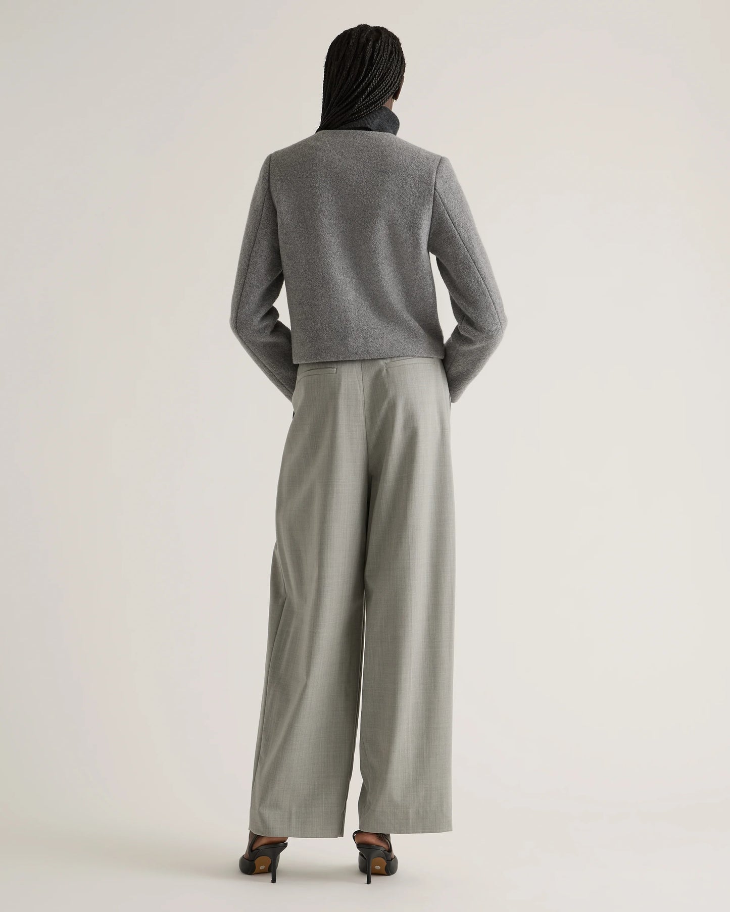 100% Merino Wool Collarless Cropped Jacket - XS / Heather Bone