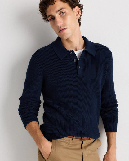 100% Organic Cotton Ribbed Polo Sweater - XS / Mid Heather Grey
