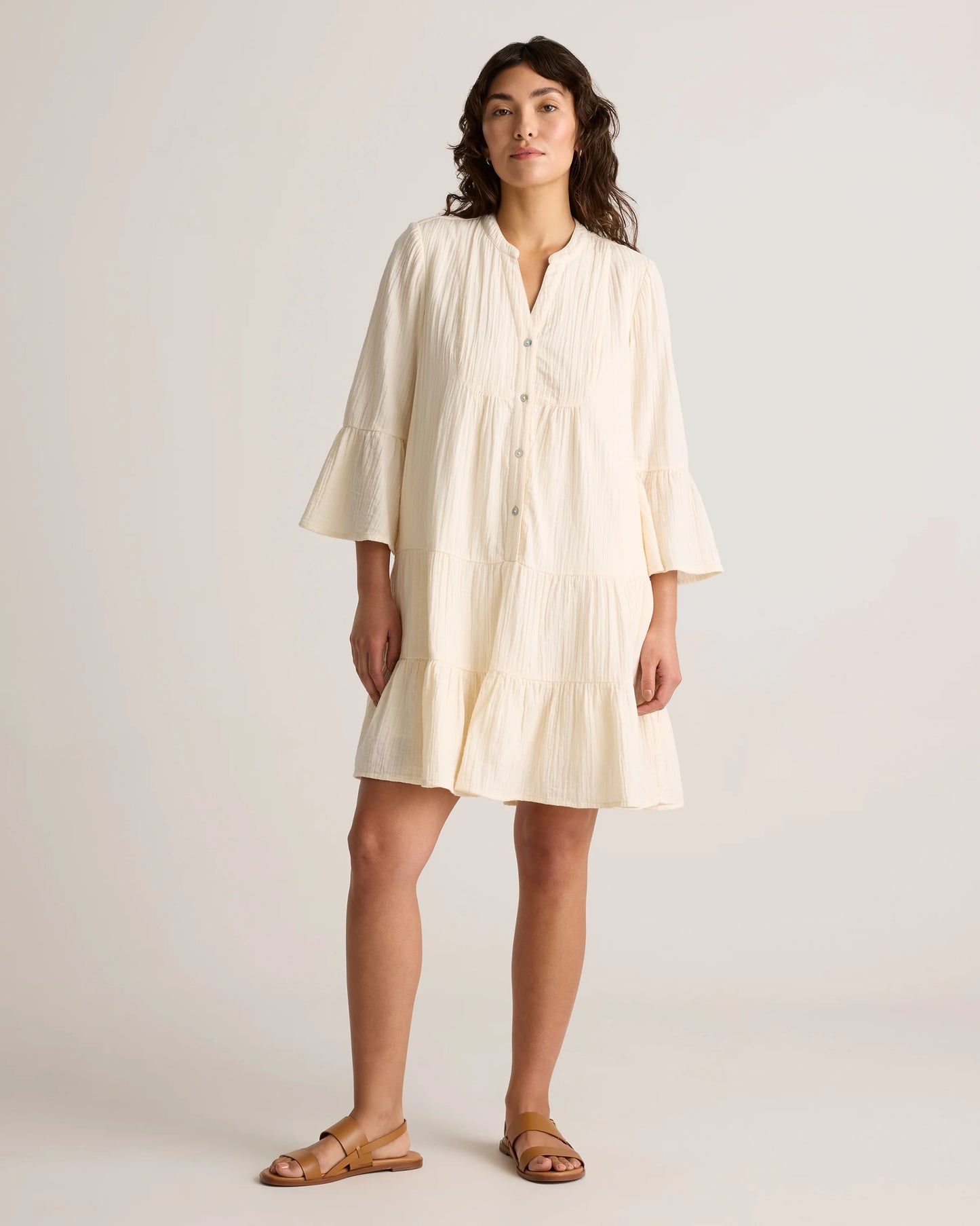 100% Organic Cotton Gauze Long Sleeve Tiered Mini Dress - XS / Amaranth Pink
