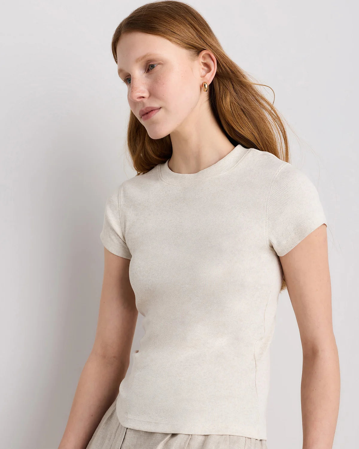 Organic Cotton Micro-Rib Crewneck Tee - XS / Heather Oatmeal