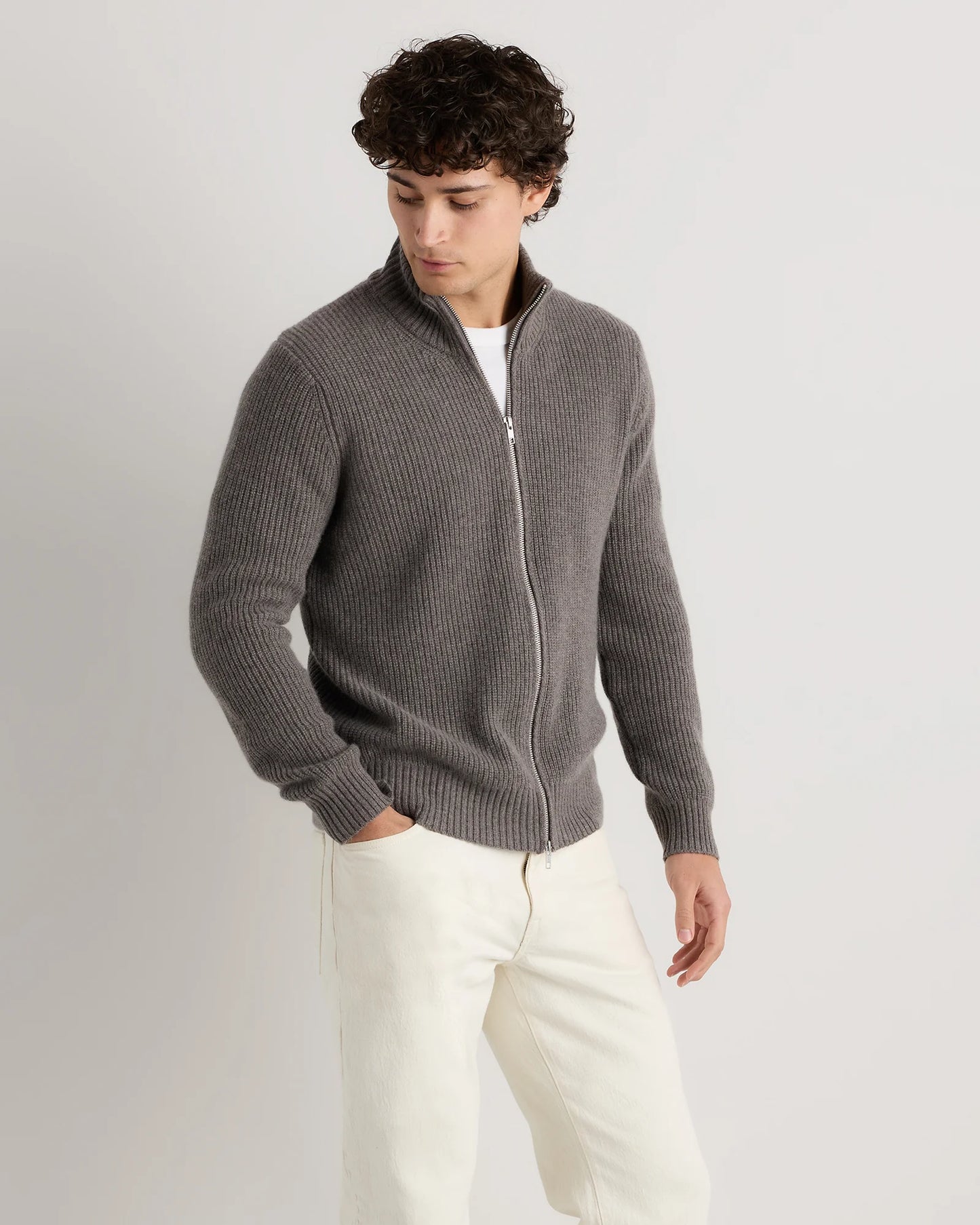 Mongolian Cashmere Fisherman Full Zip Sweater - S / Teak