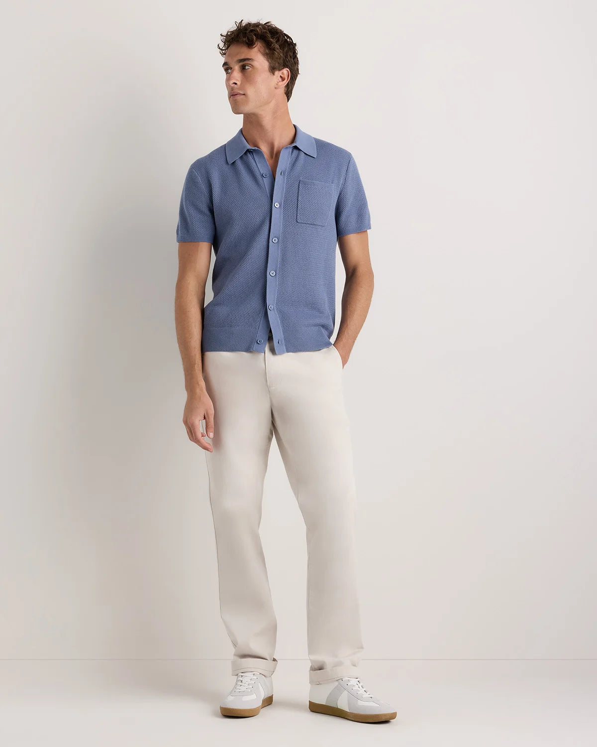 100% Organic Cotton Mesh-Stitch Button-Up Sweater Polo - XS / Speckled Beige