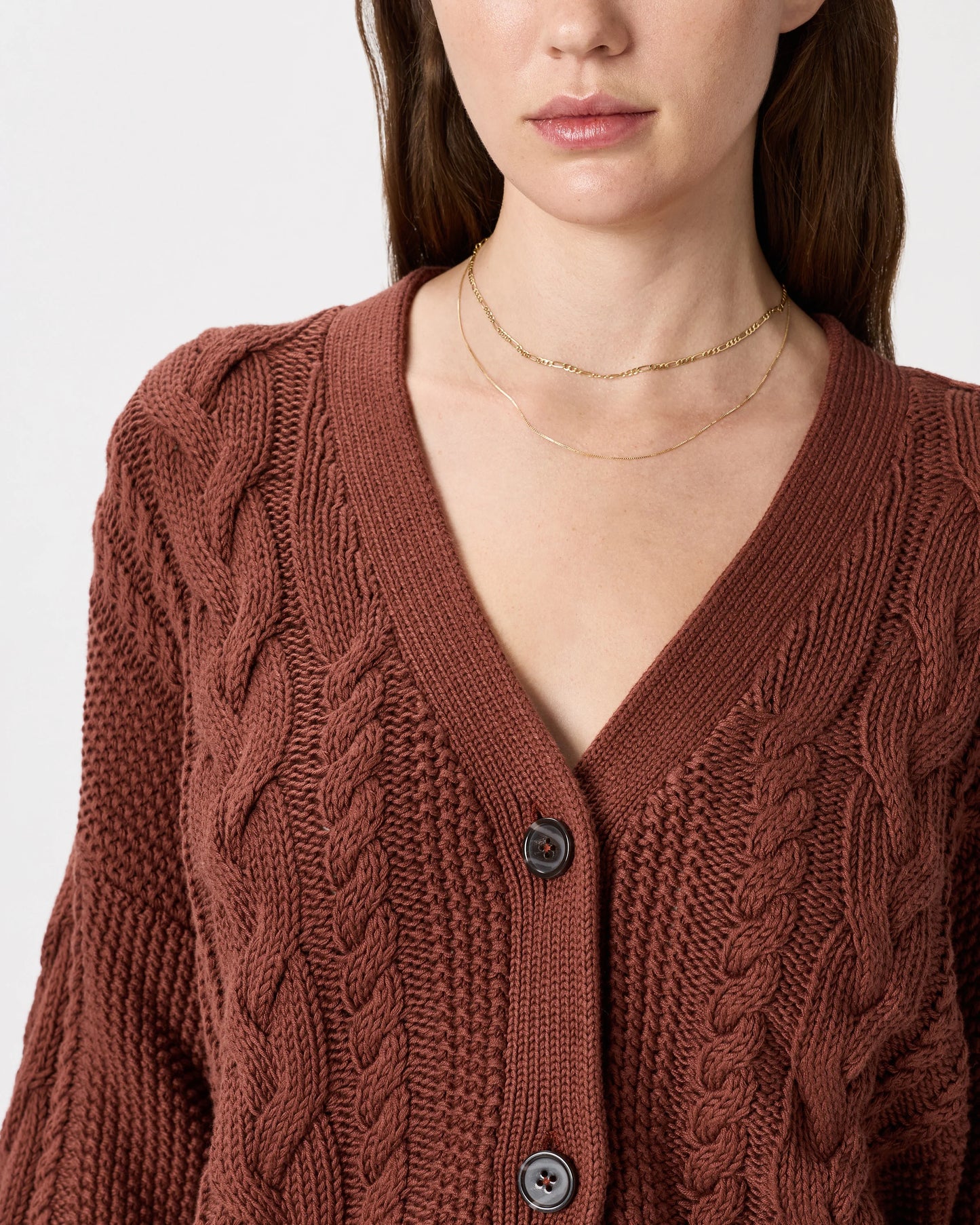 100% Organic Cotton Oversized Cable Cardigan - XS / Heather Brown