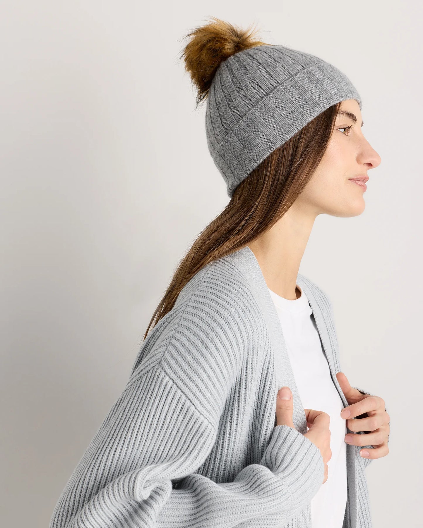 Mongolian Cashmere Pom Pom Beanie - One Size / Oatmeal