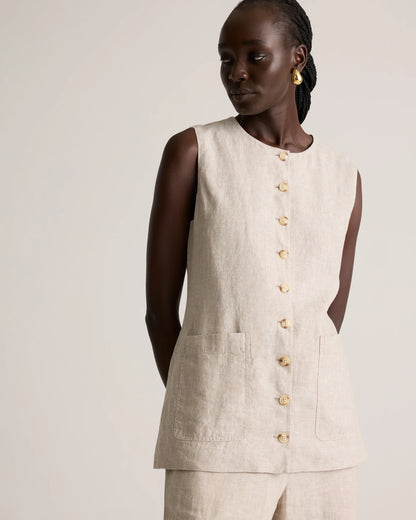 100% European Linen Longline Vest - XS / Taupe Brown Chambray
