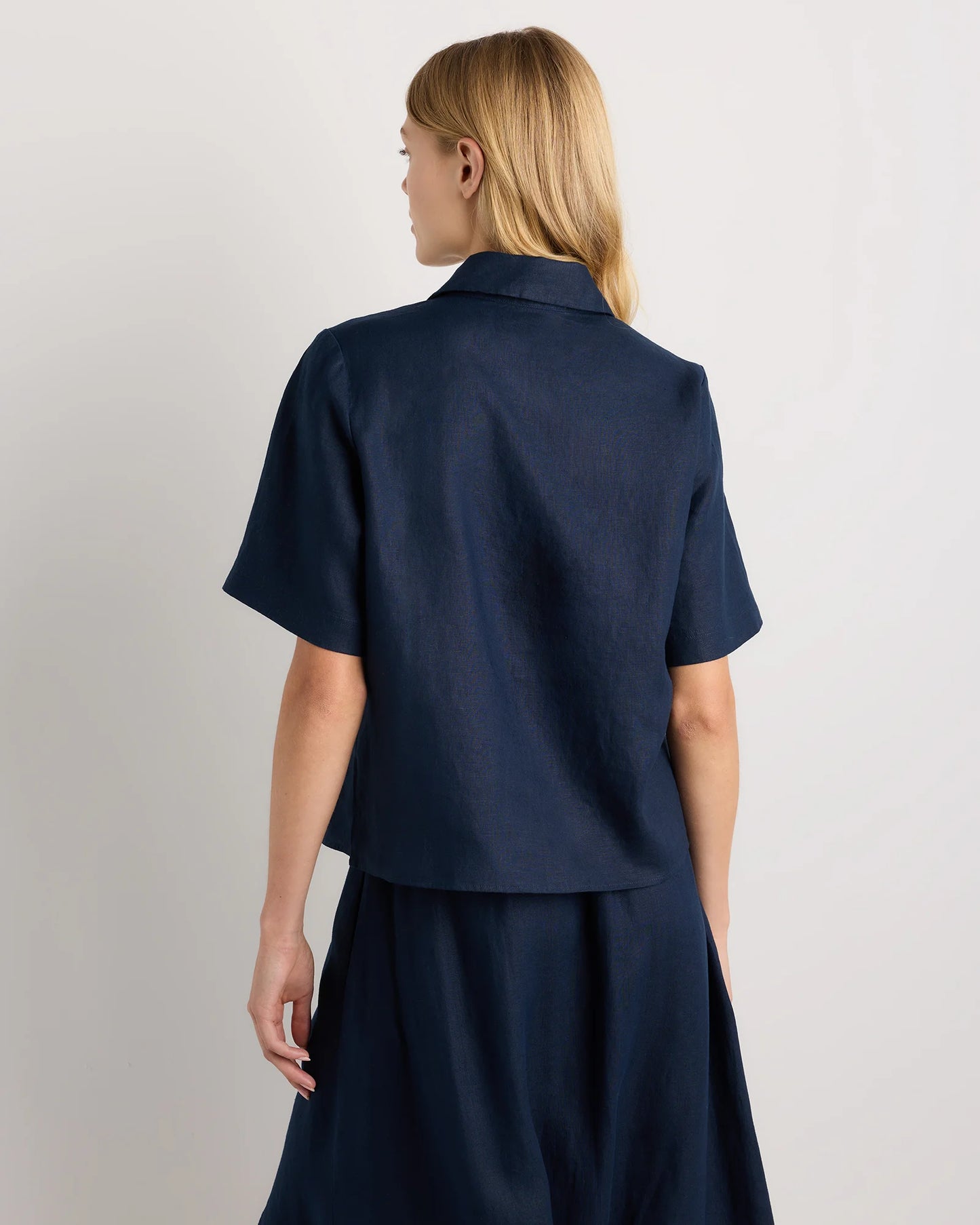 100% European Linen Short Sleeve Popover Top - XS / Blue Pinstripe