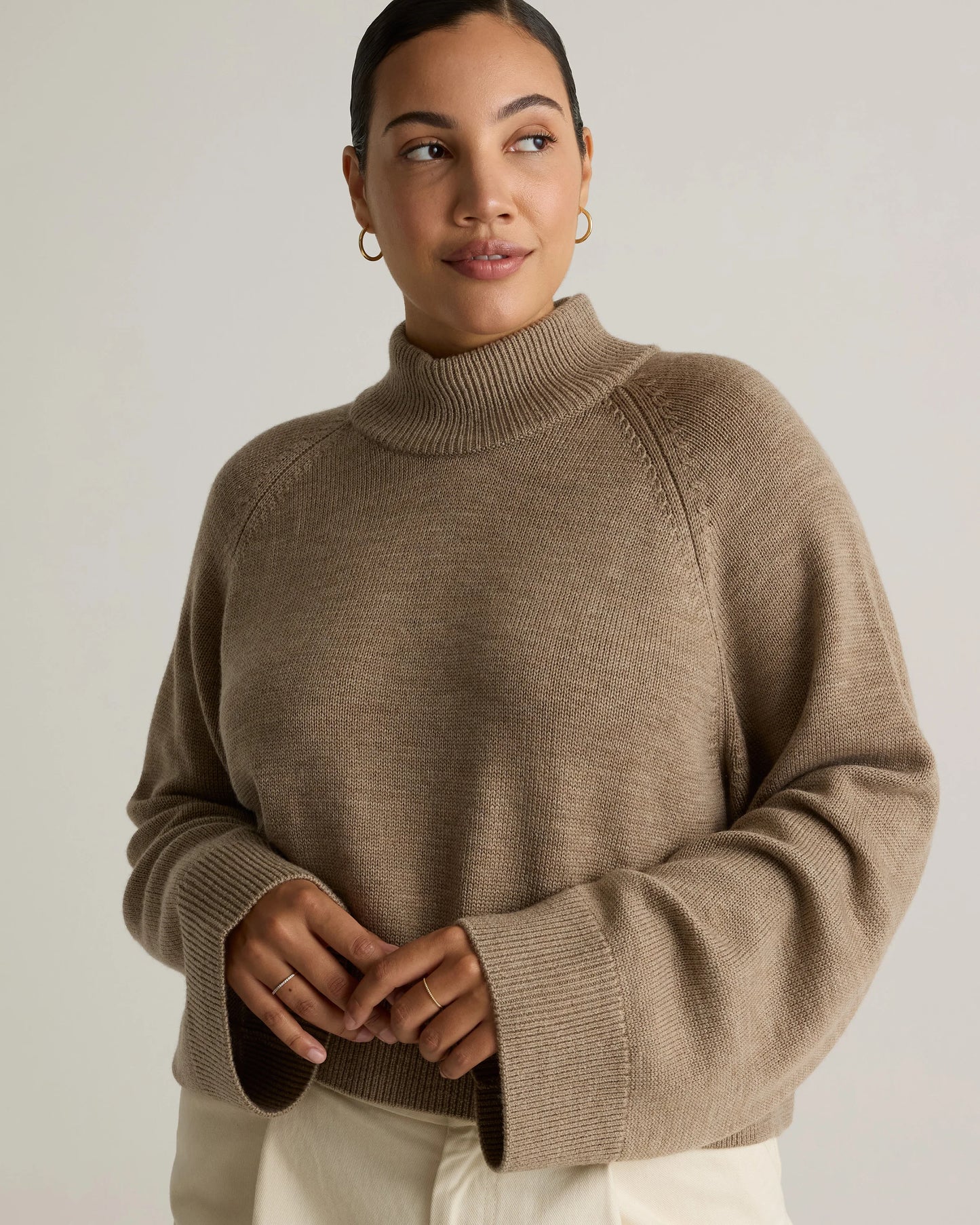 Australian Merino Wool Cropped Mock Neck Sweater - XS / Heather Bone