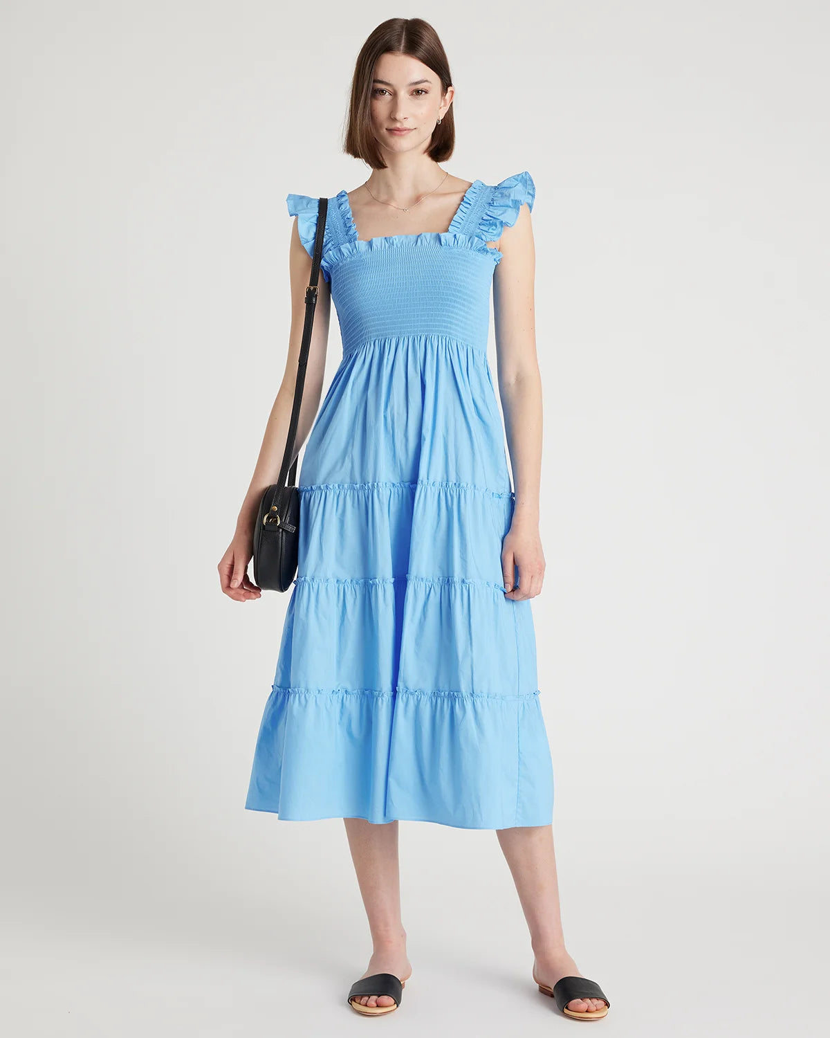 100% Organic Cotton Poplin Smocked Midi Dress - XS / Riviera Blue Heirloom Floral