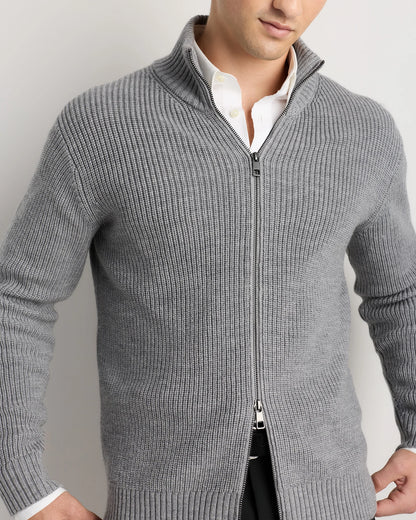 Australian Merino Wool Full Zip Sweater - S / Heather Bone