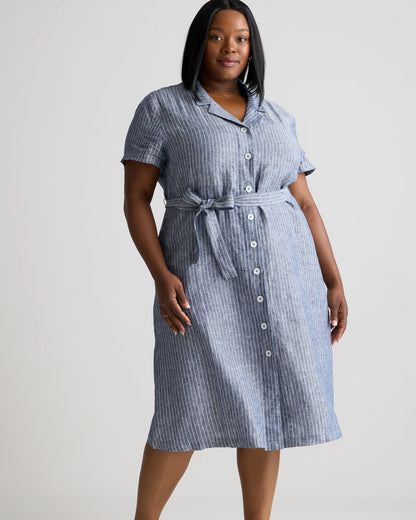 100% European Linen Button Front Dress - 1X / Blue Pinstripe