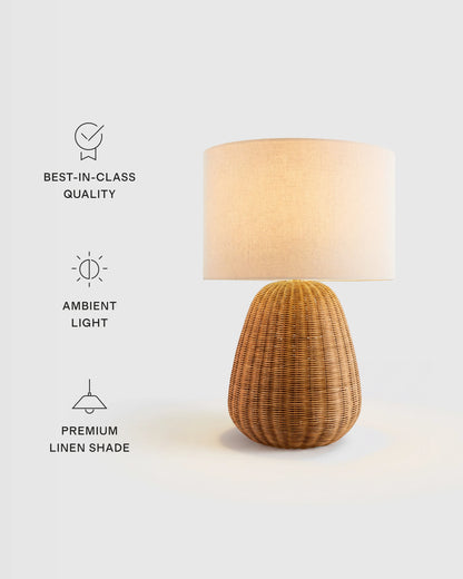 Natural Rattan Table Lamp with Linen Shade - One Size / Light Brown