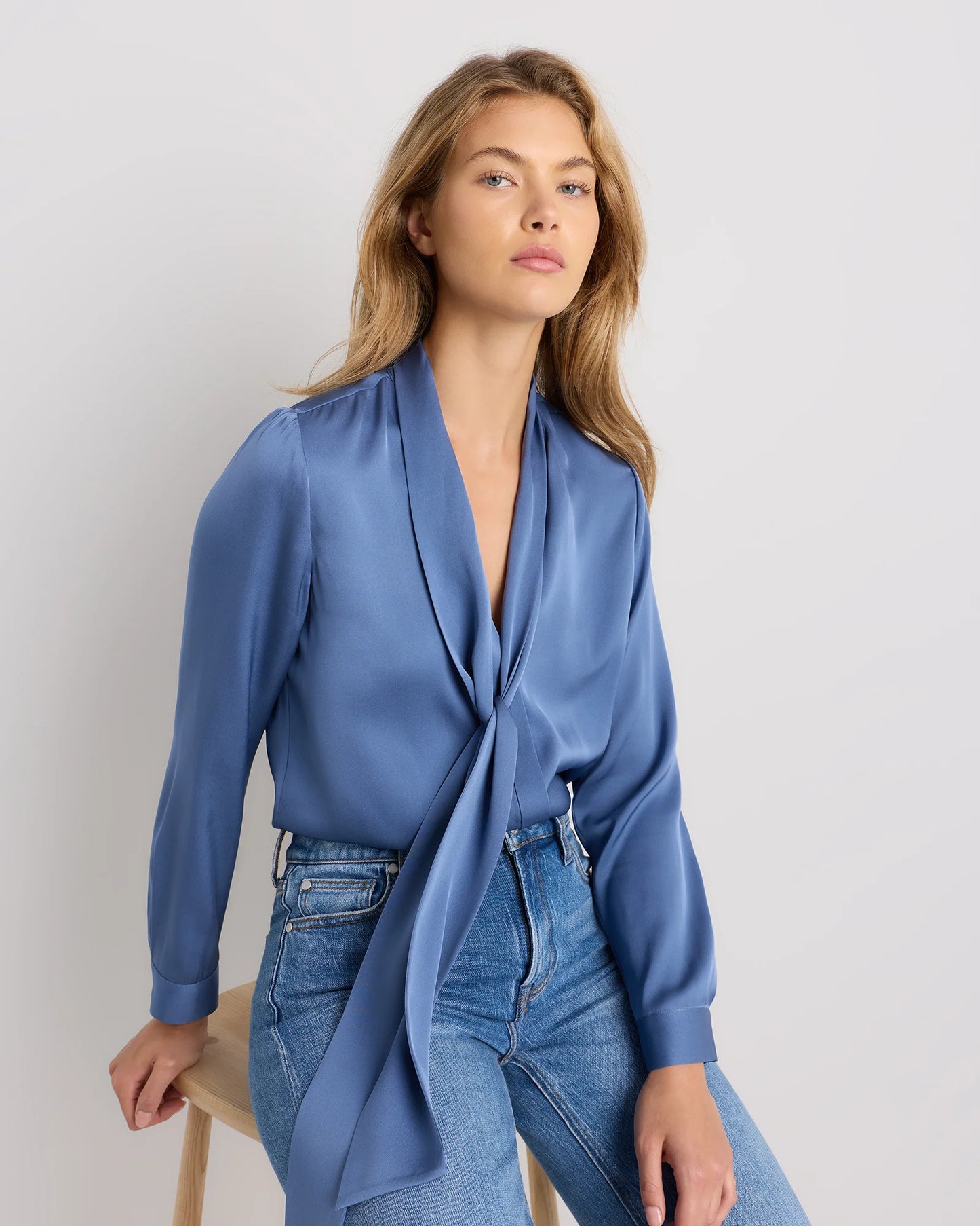 Washable Stretch Silk Tie Neck Blouse - XS / Moonstone Blue
