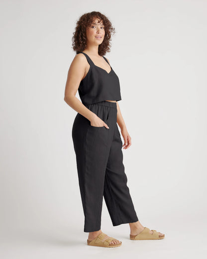 100% European Linen Tapered Ankle Pants - XS / Blue Pinstripe