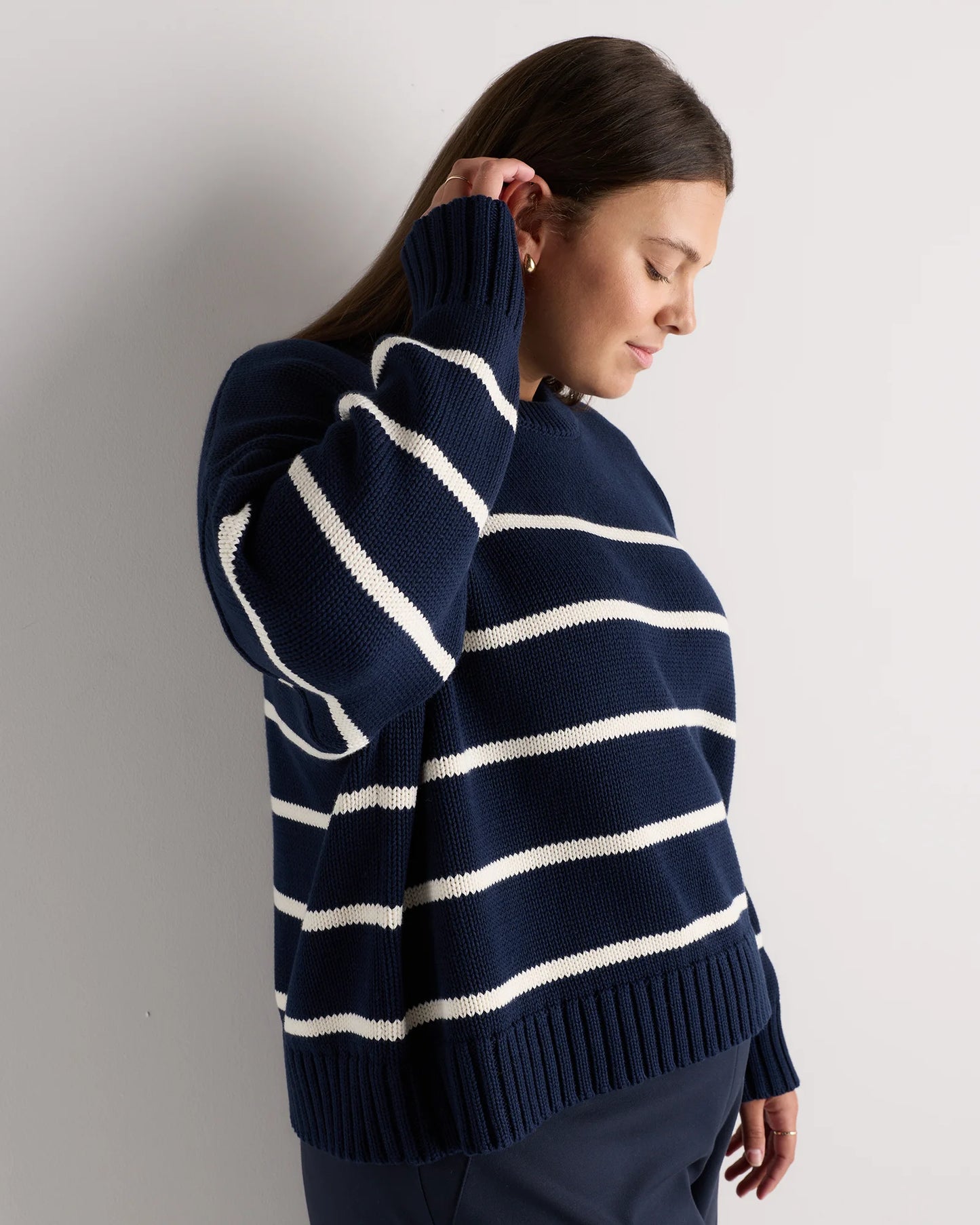 100% Organic Cotton Striped Crew Sweater - 1X / Speckled Beige/Ivory