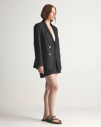 100% European Linen Relaxed Double-Breasted Blazer - XS / Blue Pinstripe