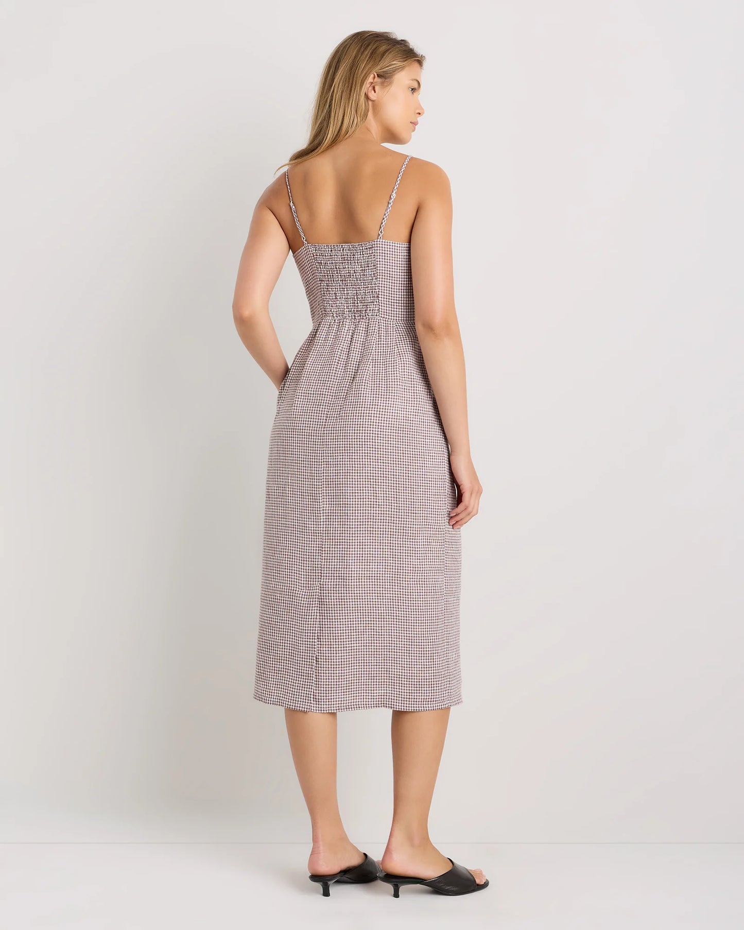 100% European Linen Scoop Neck Midi Dress - XS / Ivory Porcelain Blue Petite Floral