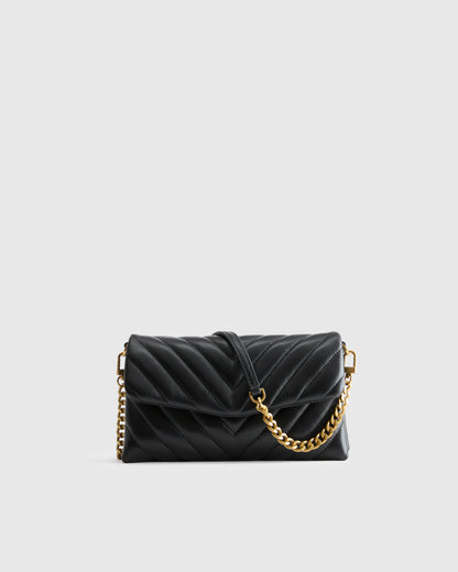 Italian Leather Quilted Wallet Crossbody - One Size / Black/Gold