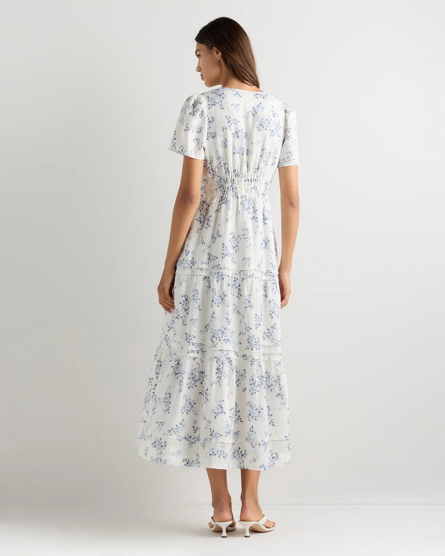100% European Linen Tiered Maxi Dress - XS / Ivory Porcelain Blue Petite Floral