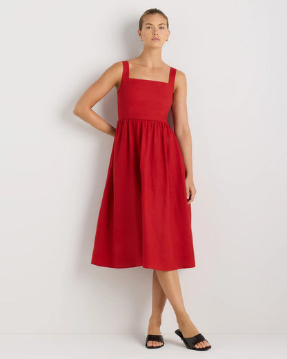 100% European Linen Fit & Flare Midi Dress - XS / Brick Red Heirloom Floral