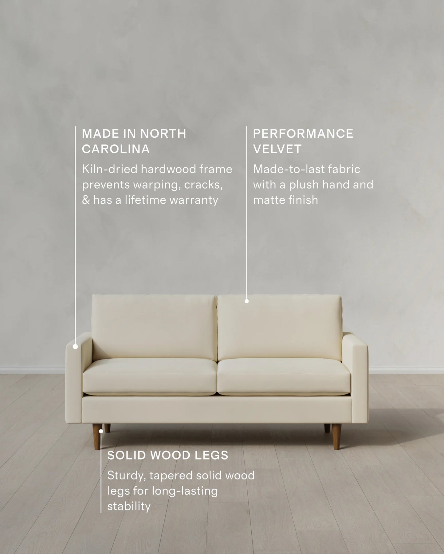 Atlas Midcentury Sofa in Performance Velvet - 6ft / Ivory