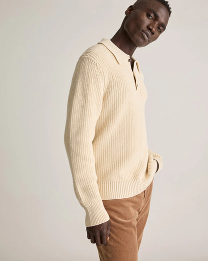 100% Organic Cotton Fisherman Polo Sweater - S / Alabaster