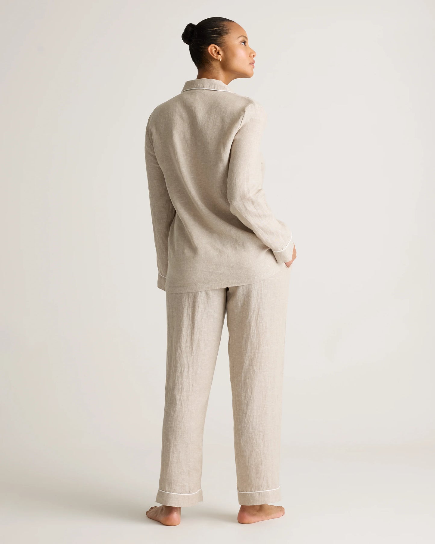 100% European Linen Long Sleeve Pajama Set with Piping - XS / Taupe Brown Gingham