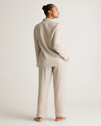 100% European Linen Long Sleeve Pajama Set with Piping - XS / Taupe Brown Gingham