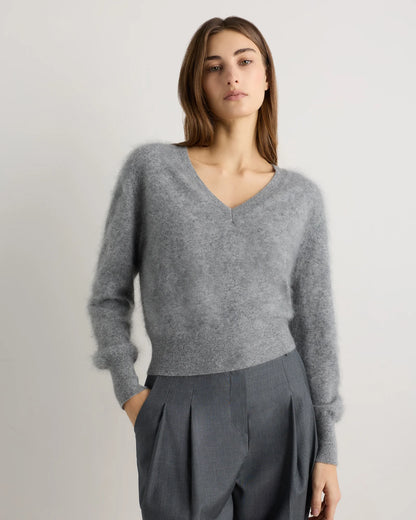 Brushed Cashmere Shrunken V-Neck Sweater - XS / Heather Grey