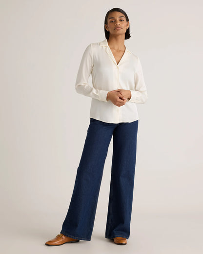 Washable Stretch Silk Notch Collar Blouse - XS / Moonstone Blue