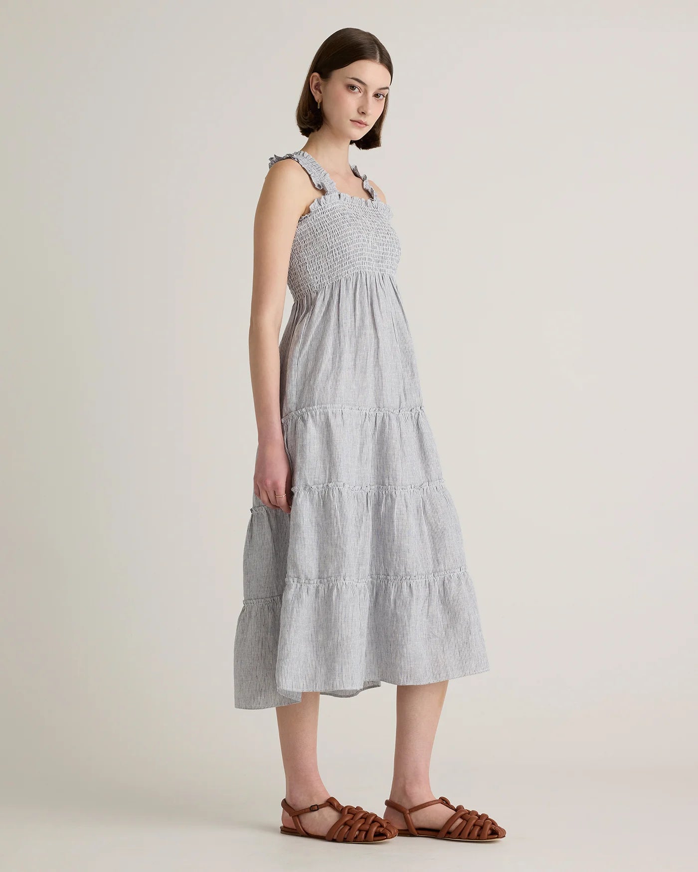 100% European Linen Smocked Midi Dress - XS / Ivory Porcelain Blue Petite Floral