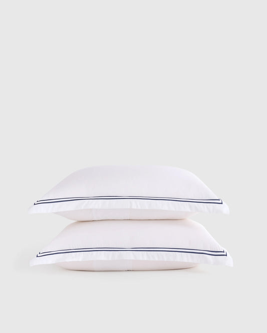 Organic Crisp Percale Embellished Sham Set - Standard / White/Navy