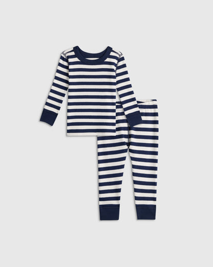 100% Organic Cotton Long Sleeve and Pant Pajama Set - 12-18M / Navy Stripe