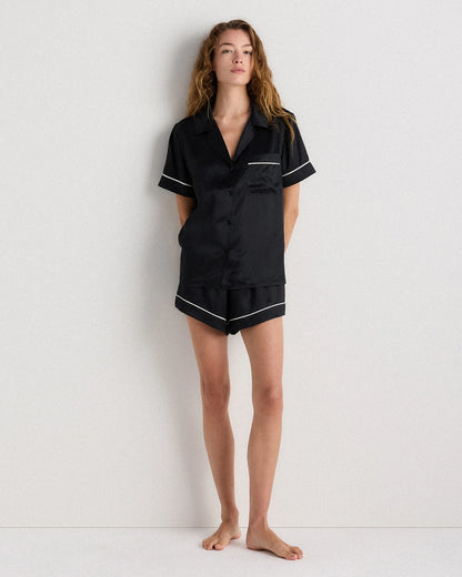 100% Washable Silk Satin Short Sleeve Pajama Top - XS / Tiny Diamonds