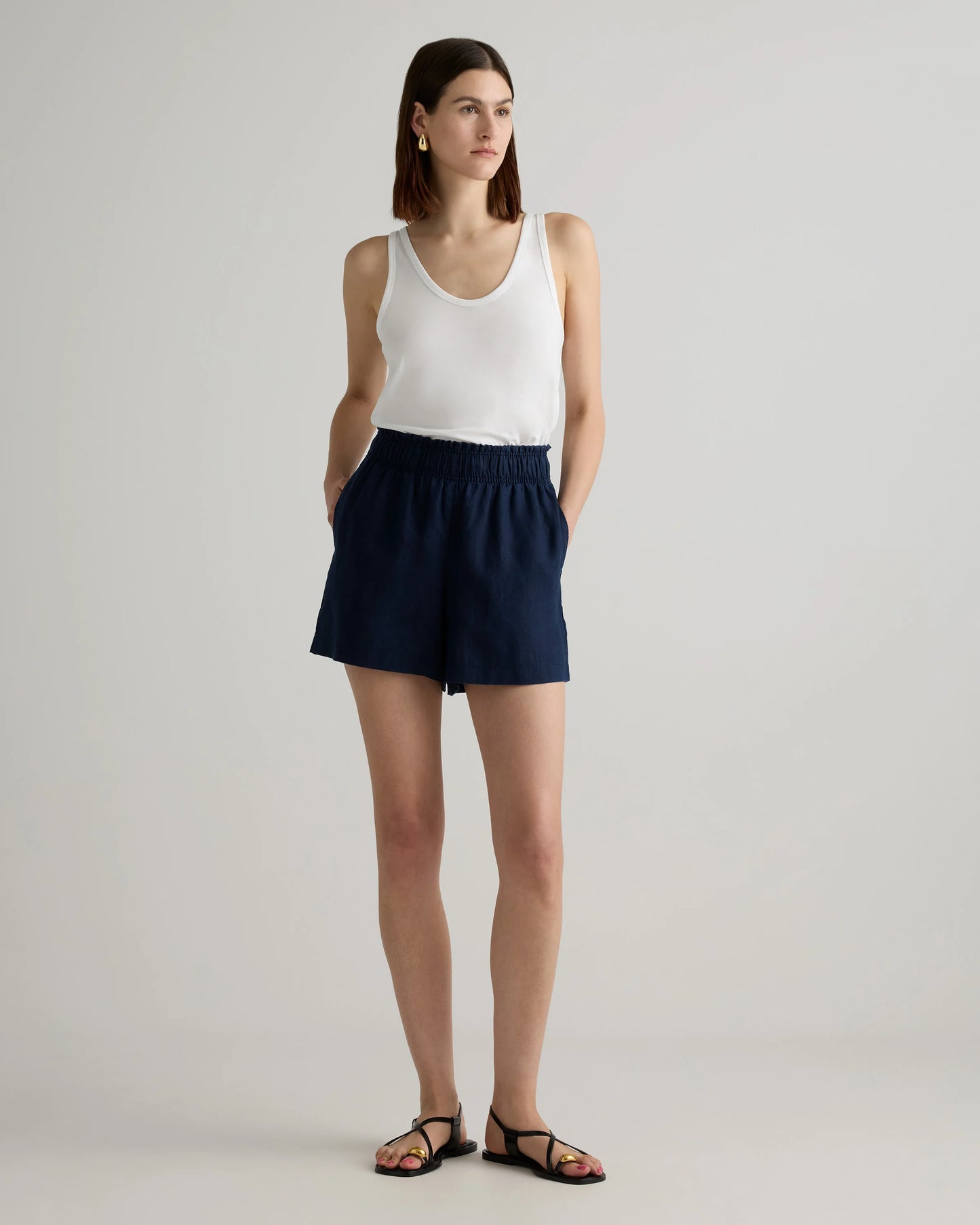 100% European Linen High Waisted Shorts - XS / Sky Blue Mariner Stripe