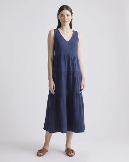 100% Organic Cotton Gauze Tiered Maxi Dress - XS / Indigo Blue