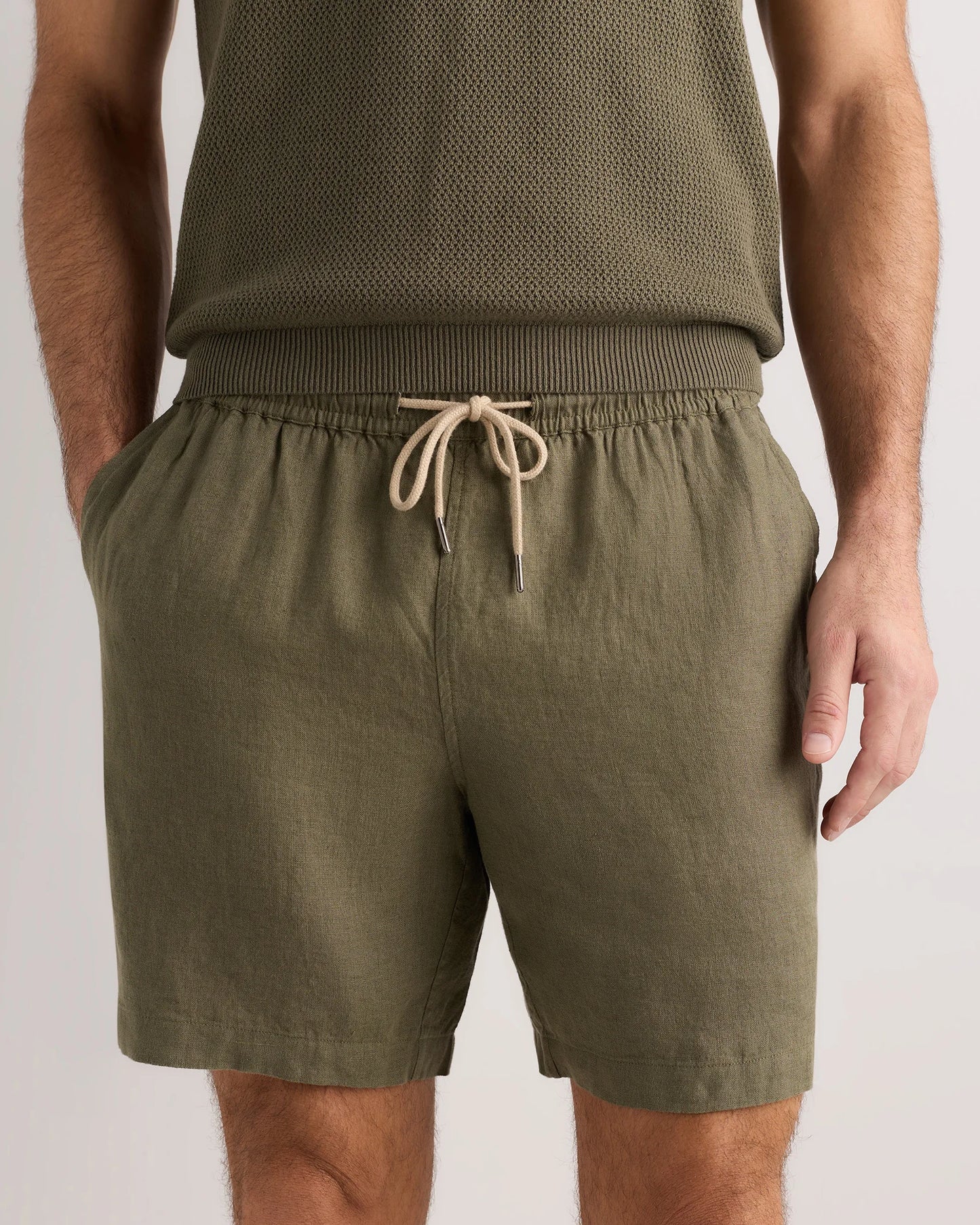 100% European Linen Drawstring Beach Shorts - 7" - XS / Taupe Brown Chambray