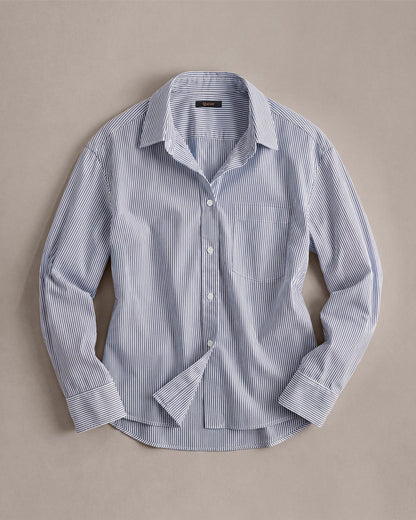 100% Organic Cotton Poplin Long Sleeve Shirt - XS / Delta Blue Double Stripe