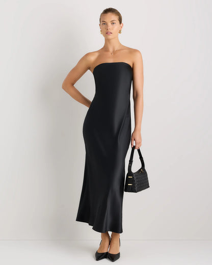 100% Washable Silk Strapless Scarf Maxi Dress - XS / Black