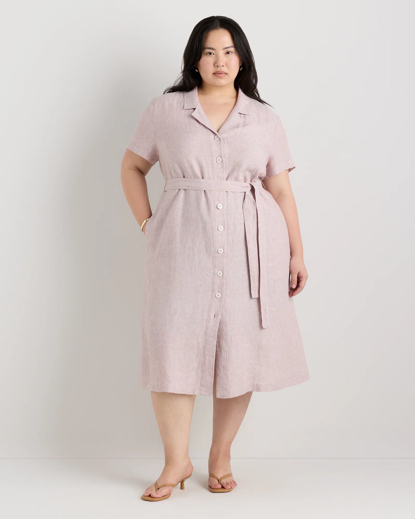 100% European Linen Button Front Dress - 1X / Blue Pinstripe