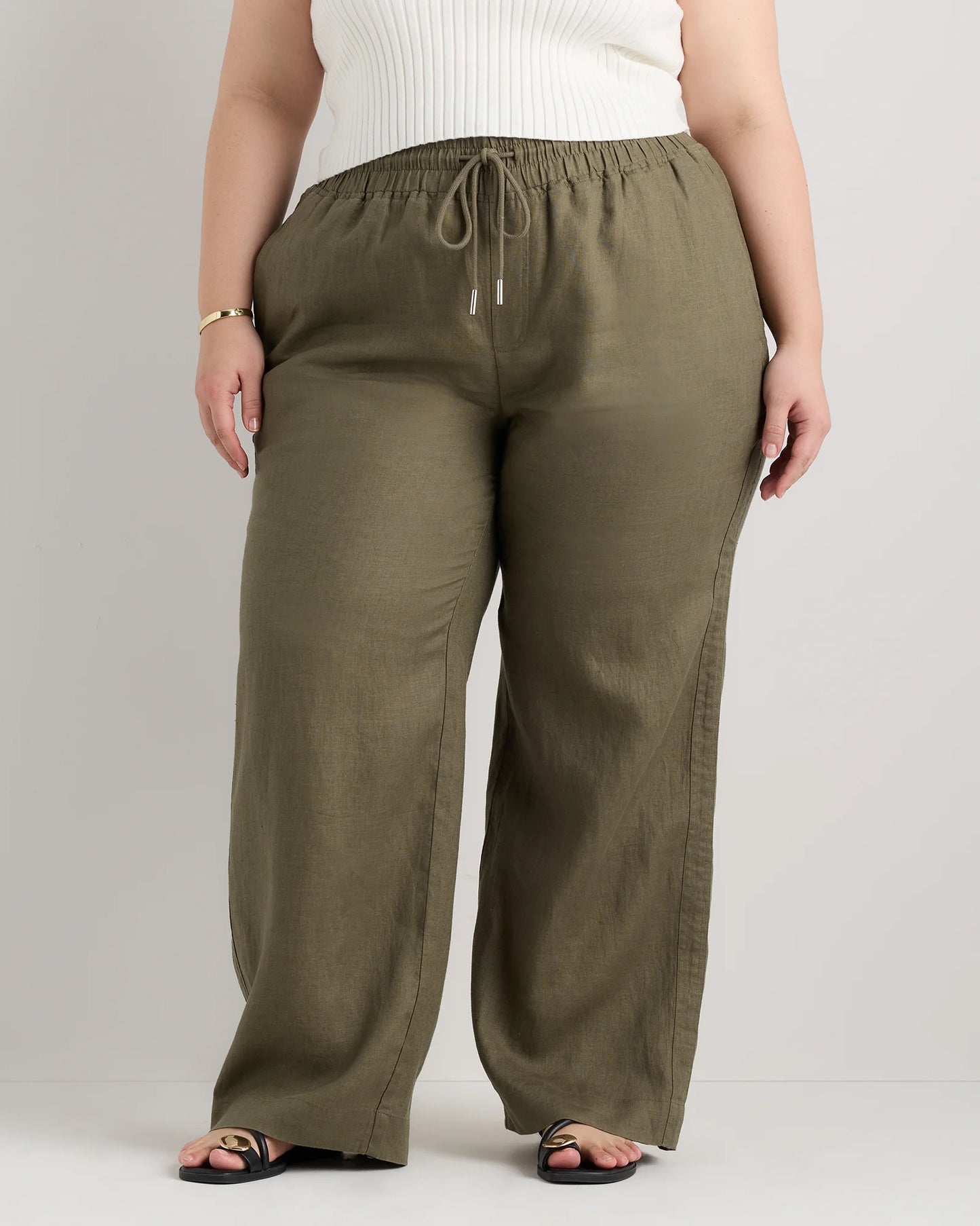 100% European Linen Wide Leg Pants - 1X / Bayberry Olive