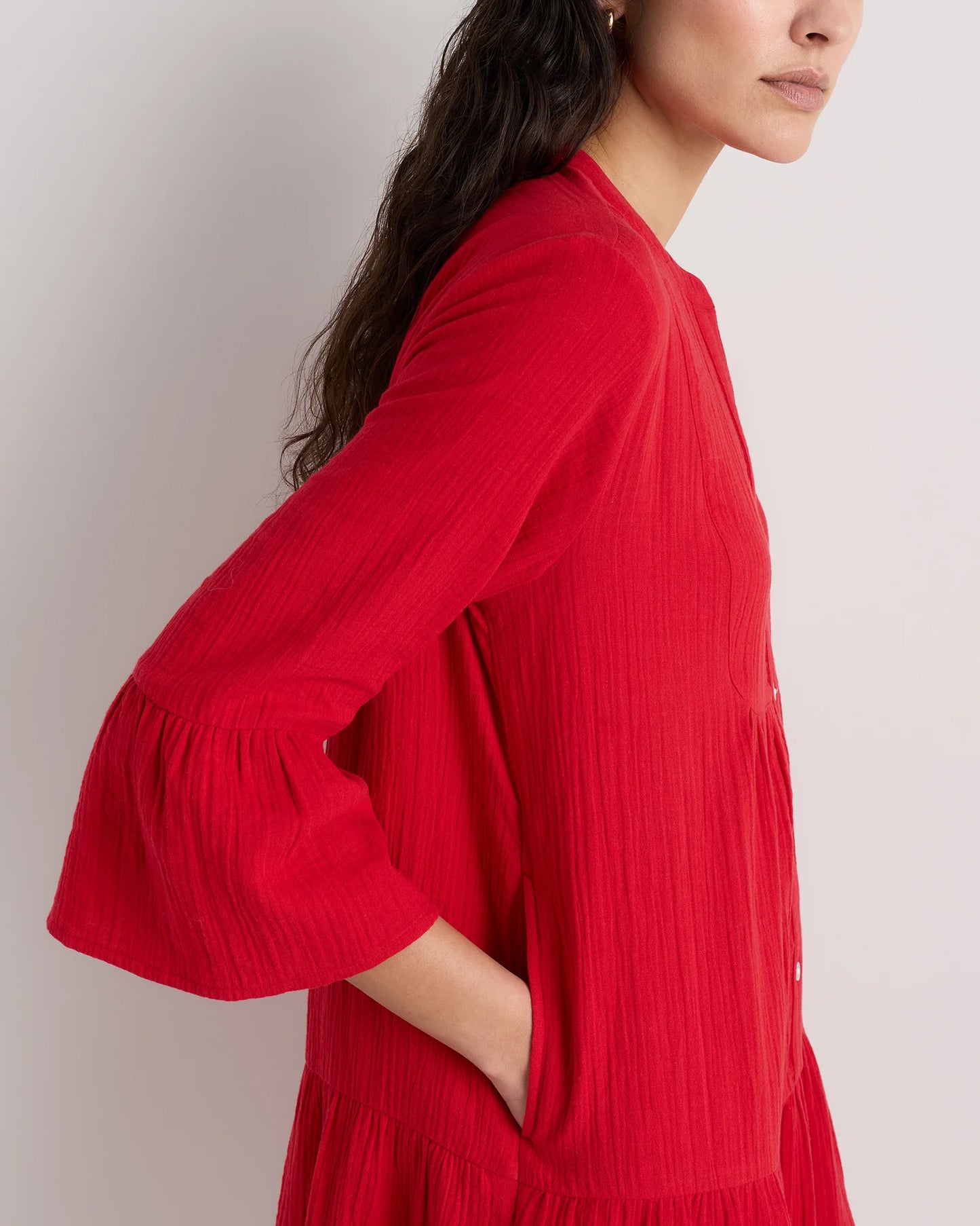 100% Organic Cotton Gauze Long Sleeve Tiered Mini Dress - XS / Amaranth Pink