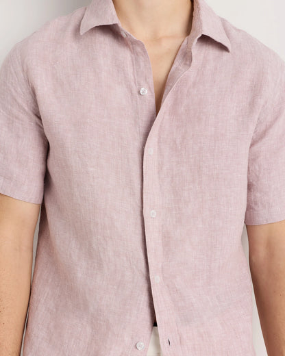 100% European Linen Relaxed Short Sleeve Shirt - XS / Taupe Brown Chambray