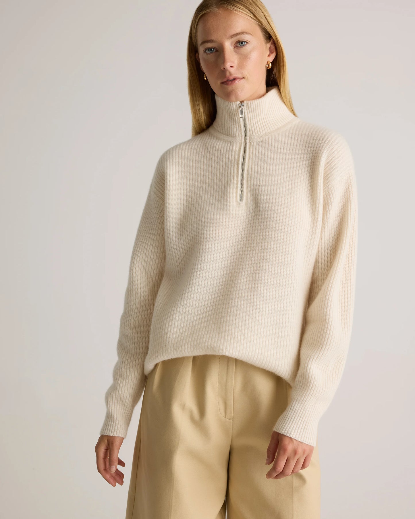 Mongolian Cashmere Fisherman Quarter Zip Sweater - XS / Ivory
