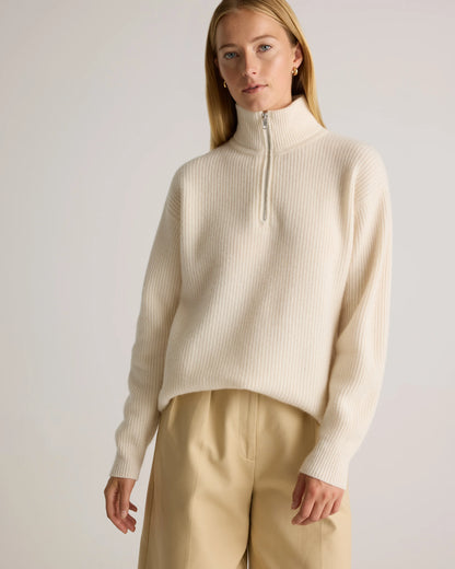 Mongolian Cashmere Fisherman Quarter Zip Sweater - XS / Ivory