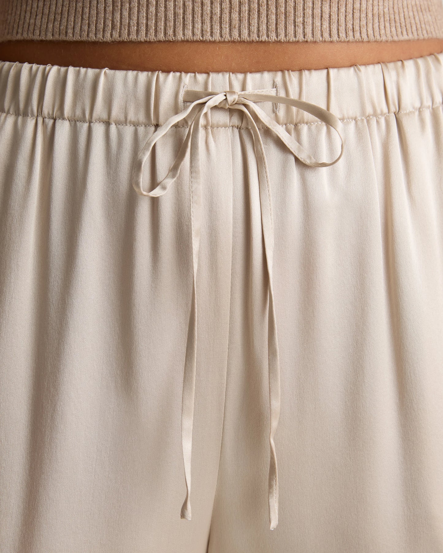 100% Washable Silk Drawstring Wide Leg Pants - XS / Champagne