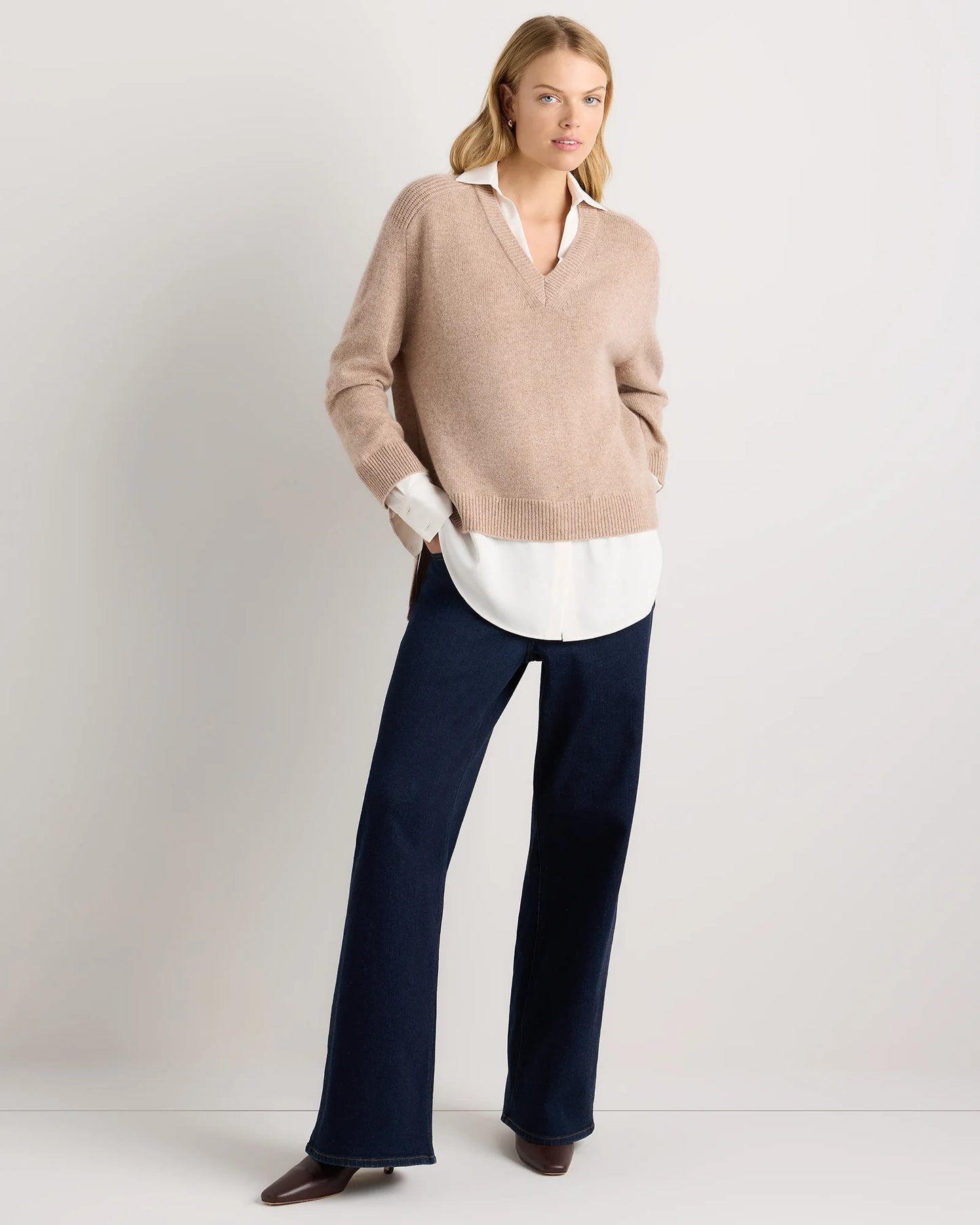 100% Mongolian Cashmere Layered V-Neck Sweater - XS / Ivory