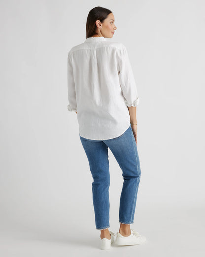 100% European Linen Maternity Long Sleeve Shirt - XS / Blue Pinstripe