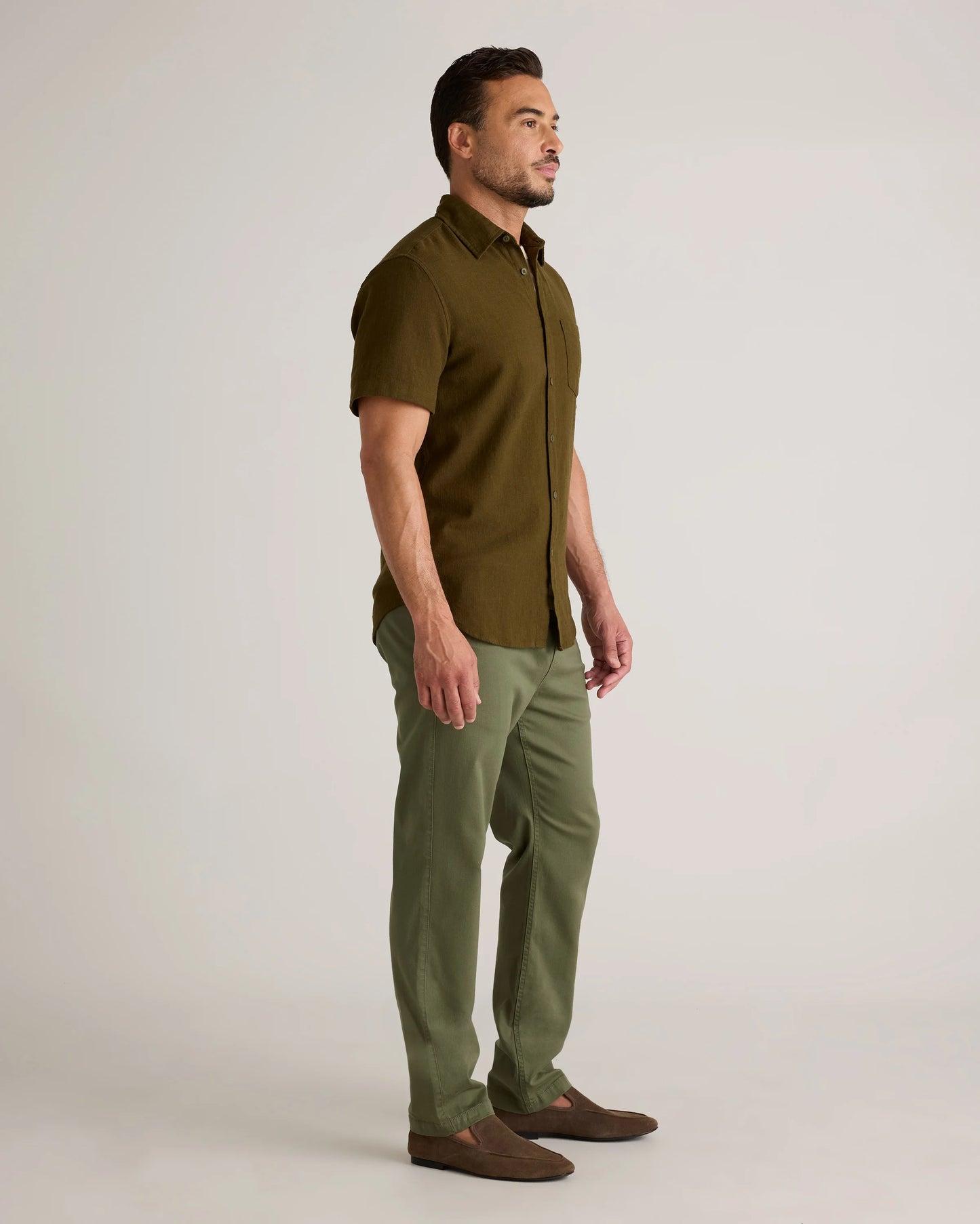 Organic Cotton Stretch Selvage Short Sleeve Shirt - S / Olive