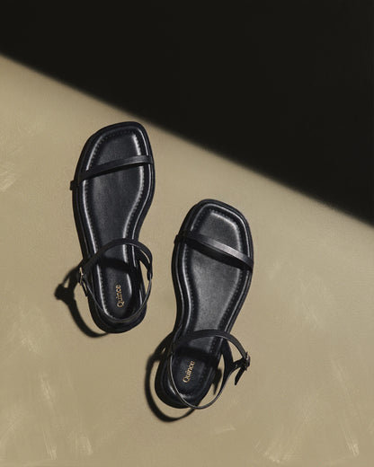 Italian Leather Ankle Strap Flat Sandal - 5 / Black